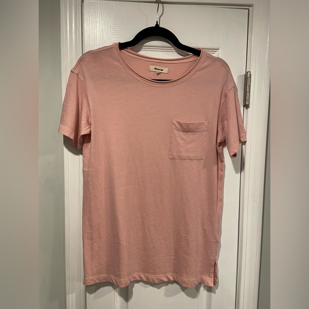 NWOT Madewell Size XXS Pale Pink Short Sleeve Crew Split Hem Pocket Tee Shirt